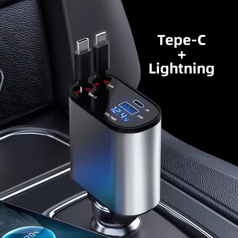 120 Watt Car Charger 4 In1 Retractable Car Cigarette Lighter Adapter USB Type C Super Fast Charger Swivel High Compatibility (Chargeur de voiture 4 In1 rétractable pour allume-cigarette)